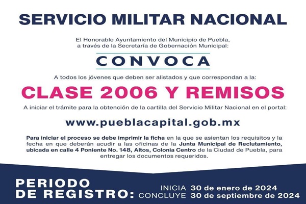 Se mantiene abierta la convocatoria para tramitar la Cartilla Militar en Puebla Capital